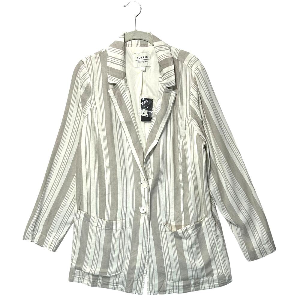 Torrid Striped Linen Blend Blazer NWT Women's Sz 1 (1X) Gray Beige Relaxed Fit